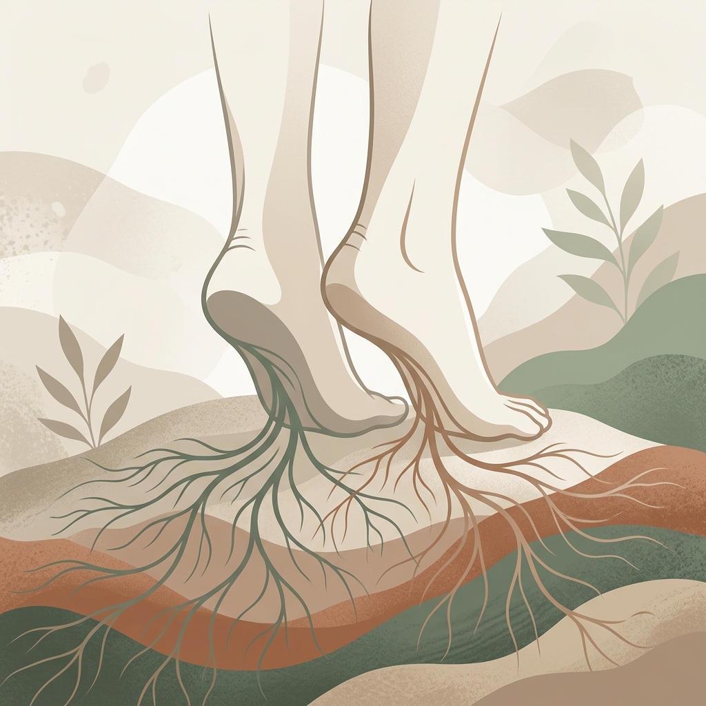 Ilustración de pies descalzos y raíces conectadas con la tierra para grounding